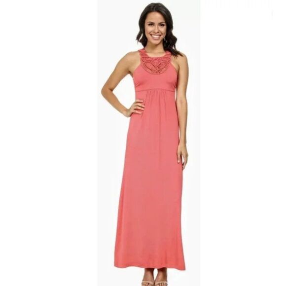 Tommy Bahama XL Coral‎ Maxi Dress Tambour Crochet Long Full Bloom - Picture 1 of 10